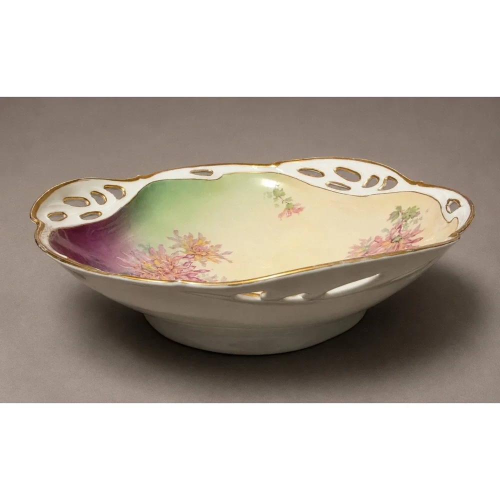 Antique Bavaria R&C Pierced Floral Serving Bowl Gold Trim Hand Painted 10.5